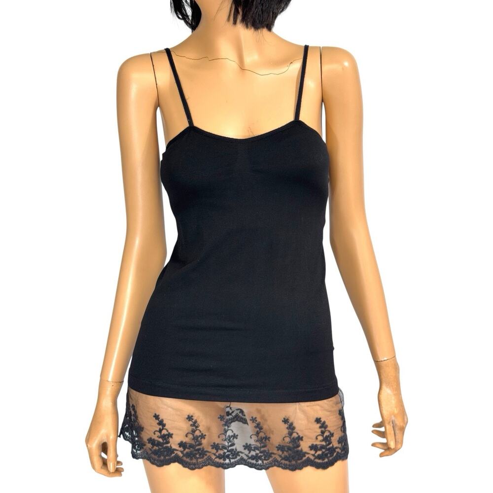Vintage Y2k Lace Trim Tank Black Stretch Long M/L Whimsigoth Fairy Grunge
